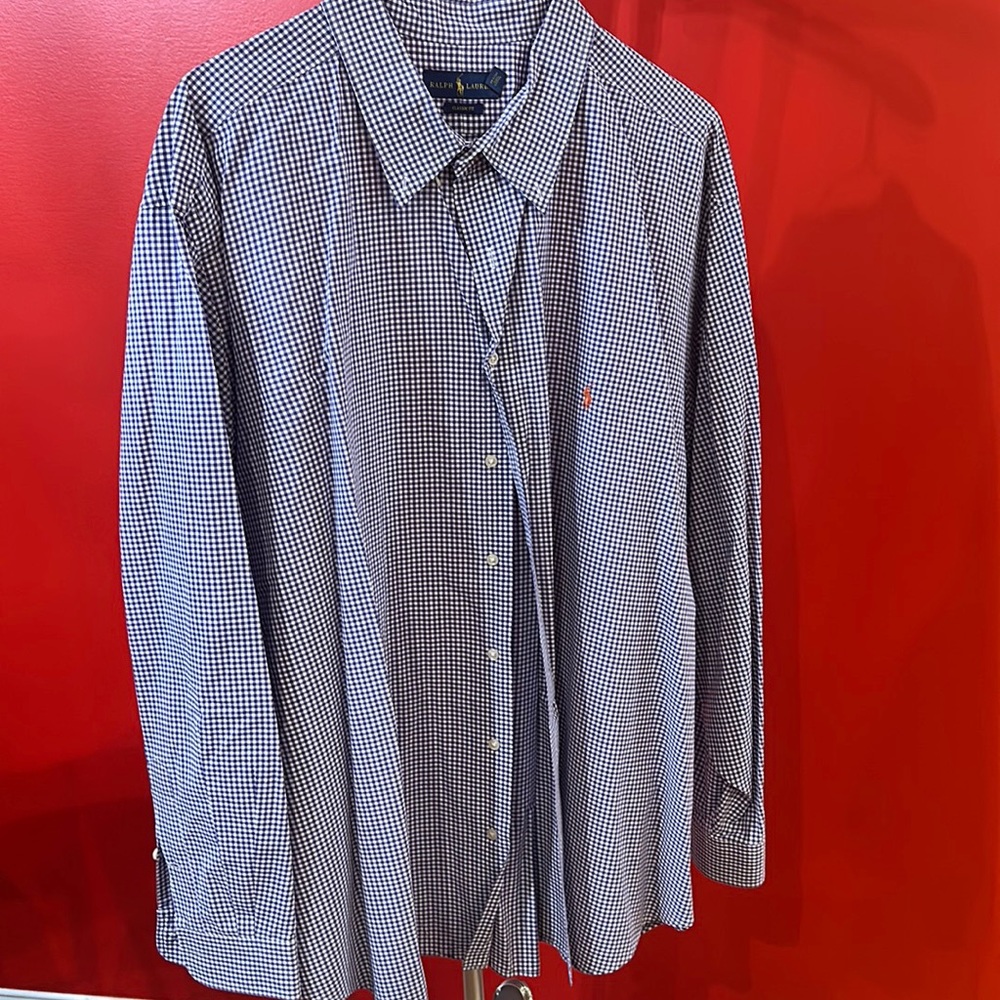 Men’s long sleeve checkered button-down dress shirt.